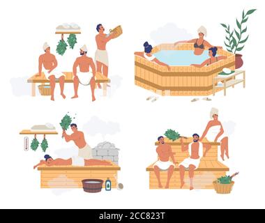 Menschen genießen russische Dampfbad, finnische Sauna, japanische heiße Quelle Bad, flache Vektor isoliert Illustration Stock Vektor