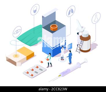 Apothekengeschäft Konzept mit Zeichen, Medikamente, medizinische Versorgung, isometrische Vektor-Illustration Stock Vektor