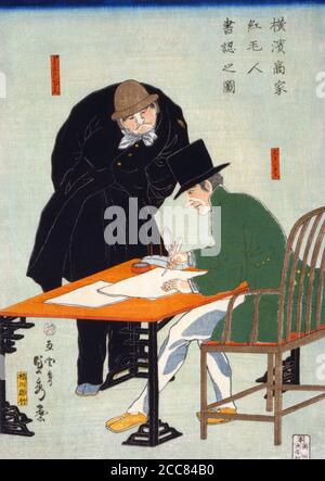 Japan: 'Ausländer in Yokohama schließen einen Vertrag im Handelshaus'. Holzschnitt von Utagawa Sadahide (1807-1878/1879), 1861. Utagawa Sadahide, auch bekannt als Gountei Sadahide, war ein japanischer Künstler, der als Mitglied der Utagawa-Schule für seine Grafiken im Ukiyo-e-Stil bekannt war. Seine Drucke decken eine Vielzahl von Genres ab; zu seinen bekanntesten gehören seine Yokohama-e-Bilder von Ausländern in Yokohama in den 1860er Jahren, einer Zeit, in der er ein meistverkaufter Künstler war. Er war Mitglied der Delegation des Tokugawa-Shogunats zur Internationalen Ausstellung von 1867 in Paris. Stockfoto