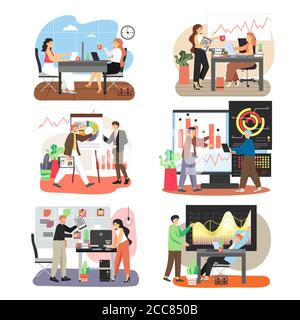 Büroszene mit Geschäftsleuten, die zusammenarbeiten, Schulungen, Kaffeepausen, flache Vektor-isolierte Illustration Stock Vektor