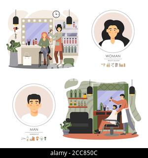 Friseursalon und Friseurladen Komposition Set mit Zeichen, flache Vektor-Illustration Stock Vektor