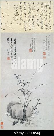 China: 'Orchidee und Rock'. Hängende Schriftrolle zugeschrieben Ma Shouzhen (1548-1604), 1572. MA Shouzhen (1548-1604), Pseudonymen Xianglan und Yuejiao, war ein chinesischer Künstler und Kurtisane, der in Nanjing während der späten Jahre der Ming-Dynastie geboren wurde. Sie war Matriarchin in der Kurtisanengesellschaft und erlaubte nur gebildeten Männern oder jungen Studentenfürsten innerhalb ihres Wohnsitzes. Sie wurde eine renommierte Komponistin, Malerin und Dichterin und entwickelte einen Pinselstil mit zarter, monochromatischer Tinte. Stockfoto