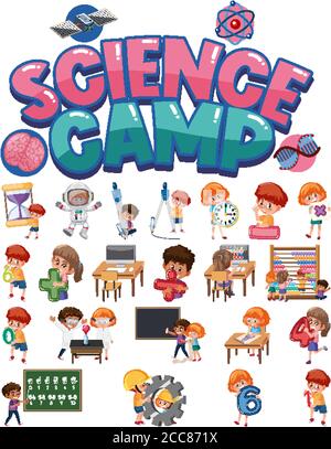 Science Camp Logo und Satz von Kindern mit Bildung Objekte isoliert Illustration Stock Vektor