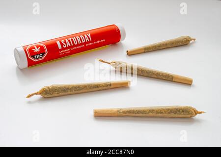 Calgary, Alberta, Kanada. August 19 2020. Ein weißer und roter Kunststoff-Verpackungsbehälter aus Cannabis für Prerolls oder Gelenke mit vorgerollten Cannabis-Gelenken aro Stockfoto