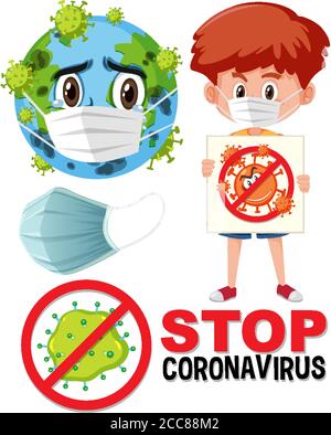 Stop Coronavirus Logo mit Erde trägt Maske Cartoon Charakter und Junge halten stoppen Coronavirus Zeichen Illustration Stock Vektor