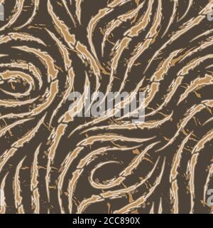 Vektor nahtloses Muster von glatten Pinselstrichen mit abgerissenen Kanten der beigen Farbe auf einem braunen Hintergrund.Welle oder Fluss Textur. Drucken Sie Tapeten oder Stoffe. Stock Vektor