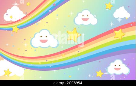 Regenbogen mit Smiley Wolke auf leeren Regenbogen Pastell Hintergrund Illustration Stock Vektor