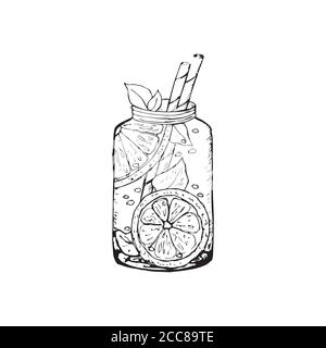 Getränke. Ein handgezeichneter Cocktail, ein Krug Limonade, Fruchtsaft und ein Getränk. Skizze einer Illustration Stock Vektor