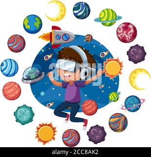 Space-Logo mit Kindern, die ein Virtual Reality-Headset tragen und viele Planeten in Kreisform Illustration Stock Vektor