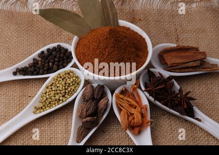 Indische Garam Masala Pulver und bunte Gewürze. Überbrennen Stockfoto