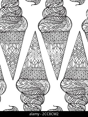 Nahtlose Textur mit einem Konturmuster eines Eiskegels mit Boho-Muster. Vektor-Doodle-Muster für Stoffe, Tapeten und Ihre Kreativität Stock Vektor