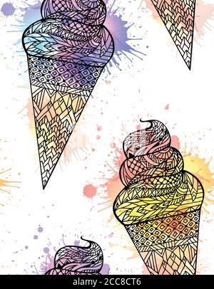 Nahtlose Textur mit einem Konturmuster eines Eiskegels mit einem Boho-Muster und Aquarellspritzern. Vektor-Doodle-Muster für Stoffe, Tapete Stock Vektor