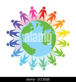 Abbildung von Regenbogenmenschen, die Hände um den Planeten Erde mit Aquarellspritzern halten. Einheit und Toleranz. Stock Vektor