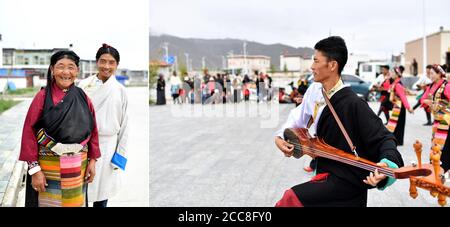 (200820) -- LHASA, 20. August 2020 (Xinhua) -- in diesem Kombinationsfoto, das am 2. August 2020 aufgenommen wurde, zeigt der linke Teil die Dorfbewohnerin Cangqung, die mit ihrem Sohn Qoipei Cering im Dorf Mingma im Bezirk Lhaze, Xigaze, südwestlich von Chinas Autonomer Region Tibet posiert; Der rechte Teil zeigt Truppe-Mitglieder, die für Dorfbewohner an einem Umzugsort im Dorf Mingma auftreten.Alle Bewohner des Dorfes Mingma sind 2016 auf einen neuen Dorfplatz umgezogen, um eine bessere Entwicklung zu erreichen. Nach dem Umzug haben Cangqung und ihre Familie nun Zugang zum Freizeitplatz, Aktivitätszentrum, Schule und anderen Einrichtungen. Ihr Leben si Stockfoto