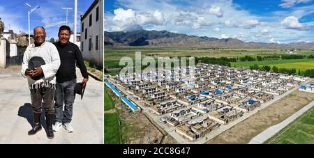 (200820) -- LHASA, 20. August 2020 (Xinhua) -- in diesem Kombinationsfoto vom 2. August 2020 zeigt der linke Teil den Dorfbewohner Dorje (L), der mit seinem Sohn Tonzhub in Chagjug Dorf im SAGYA Bezirk, Xigaze, südwestlich von Chinas Autonomer Region Tibet posiert; Und eine Luftaufnahme des Dorfes Chagjug.Berufsausbildungsprogramme, die in den letzten Jahren im Dorf Chagjug durchgeführt wurden, haben vielen Dorfbewohnern geholfen, neue Karrieren zu finden. Tonzhub gehörte zu den Auszubildenden und betreibt hier derzeit eine eigene Baufirma. In den letzten Jahren hat die Autonome Region Tibet der Armutsbekämpfung hohe Priorität und nimmt mich effektiv in Anspruch Stockfoto