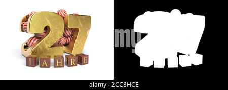 Inschrift in deutscher Sprache 27 Jahre, bestehend aus einer goldenen Zahl siebenundzwanzig und runden Bonbons Füllung der Zahl 27 auf weißem Hintergrund mit Schatten und Stockfoto