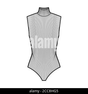 Gerippter Body aus Baumwoll-Jersey mit Rollkragen, technische Fashion-Illustration mit taillierter Strickbody, ärmellos. Flach außen Hemd Bekleidungsschablone vorne, weiß. Damen Herren Unisex TOP CAD Mockup Stock Vektor