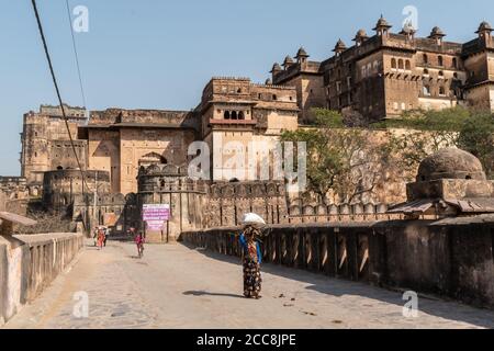 Orchha, Madhya Pradesh, Indien - März 2019: Eine indische Frau trägt einen Sari trägt Brennholz auf ihrem Kopf an der alten historischen Orchha Fort-Komplex. Stockfoto