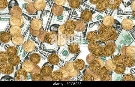 Viele Goldmünzen und 100 USD Banknoten Stockfoto