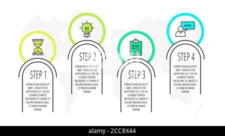 Infografiken Kreise mit 4 Schritten, Symbole. Vorlage für Vektor mit flacher Linie. Kann für vier Unternehmen, Web, Banner, Workflow-Layout, Flussdiagramm, Info-Grafik verwendet werden Stock Vektor