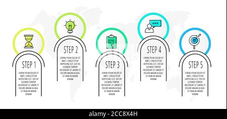 Infografiken Kreise mit 5 Schritten, Beschriftungen. Vektorvorlage für flache Linien. Kann für fünf Diagramme, Geschäft, Web, Banner, Präsentationen, Flussdiagramm verwendet werden Stock Vektor