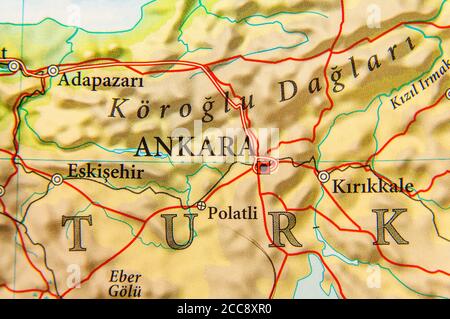 Geographische Karte des europäischen Landes Türkei mit Hauptstadt Ankara Stockfoto