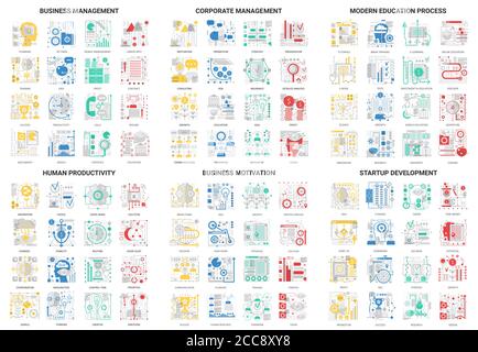 Flach dünne Linie moderne abstrakte Symbole Vektor Illustration, skizzieren Bildungs-und Entwicklungsmanagement mit Corporate Business Bildungsprozess und Startup, Motivation für die menschliche Produktivität gesetzt Stock Vektor