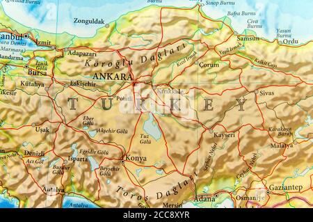 Geographische Karte des europäischen Landes Türkei mit wichtigen Städten Stockfoto