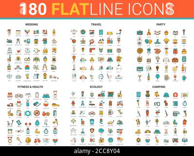 Flach dünne Linie Design-Symbole Vektor-Illustration mit Fitness-Sport-Training, Hochzeitsfeier, Sommertourismus oder Reisen Camping und Ökologie trendy grüne Energie Umriss Konzept Symbole Stock Vektor