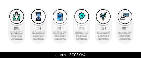 Infografiken mit sechs Kreisen und Beschriftungen. Abstrakte Vektorvorlage. Kann für sechs Diagramme, Business, Web, Banner, Präsentationen, Flussdiagramm verwendet werden Stock Vektor