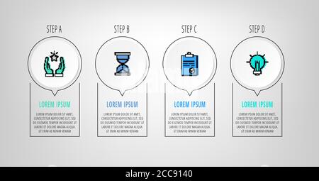 Vektor-Infografik Kreise mit 4 Schritten, Pfeile. Linienvorlage für Diagramm, Web, Workflow-Layout, Präsentationen, Flussdiagramm, Info, Zeitleiste, Ebene Stock Vektor