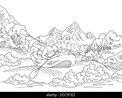 Rafting Boot Reise Grafik schwarz weiß Landschaft Skizze Illustration Vektor Stock Vektor