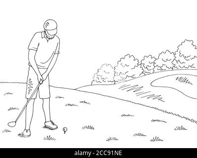 Alter Mann spielt Golf Grafik schwarz weiß Landschaft Skizze Illustration vektor Stock Vektor