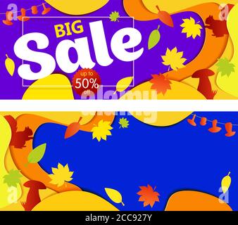 Bright Banner Herbst Verkauf mit Blättern und Silhouette Eichhörnchen. In gelben Rottönen auf violettem Hintergrund. Vektor-Illustrationen, Papierkunst und digitale Handwerk Stil. Stock Vektor