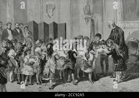 Victor Hugo (1802-1885). Französischer romantischer Schriftsteller. Victor Hugo empfängt die mädchenkommission in seinem Haus in der Avenue d'Eylau, Paris, Frankreich. Gravur. La Ilustracion Española y Americana, 1881. Stockfoto