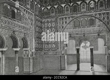 Spanien, Andalusien, Sevilla. Der Royal Alcazar. Botschafterhalle. Mudejar-Stil. Gravur von Severini. La Ilustracion Española y Americana, 1881. Stockfoto