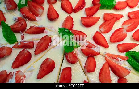 Köstlicher hausgemachter Käsekuchen mit Erdbeeren und Minze, Nahaufnahme Stockfoto