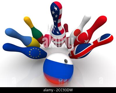 Bowling Ball in Farben der Flagge Russlands bricht die Kegel mit einem Bild der Flaggen anderer Länder. Konzept der geopolitischen Konfrontation Stockfoto