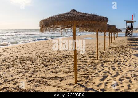 Strohschirme am Strand Son Bou, einem der beliebtesten Strände auf der Insel Menorca. Spanien. Stockfoto