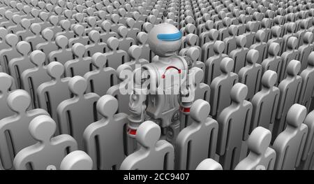 Cyborg unter den Menschen. Humanoider Roboter unter einer großen Anzahl von symbolischen Menschen. 3D-Illustration Stockfoto