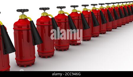 Rote Feuerlöscher aufgereiht in einer Reihe auf einer weißen Oberfläche. 3D-Illustration Stockfoto