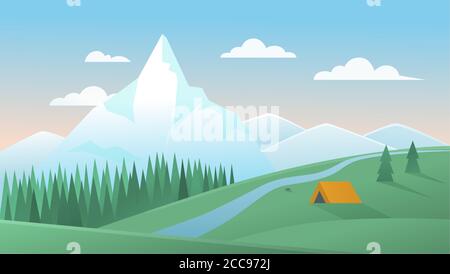 Berg Sommer Landschaft Vektorgrafik. Cartoon flach ruhige bergige Naturlandschaft mit touristischem Zelt Camping auf grünen Wiese Hügel, Kiefernwald und Fluss, natürliche Sommerzeit Hintergrund Stock Vektor