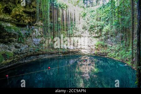 CHICHEN ITZA, MONACO - 25. Jul 2019: Cenote Ik Kil ist eine stark besuchte Cenote in der Nähe der archäologischen Stätte Chichen Itza in Mexiko Stockfoto