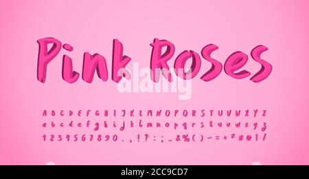 Art style Alphabet rosa Rosen Farben. Handgezeichnete Pinselschrift, dreidimensionales Design. Groß- und Kleinbuchstaben, Zahlen. Vektor. Stock Vektor