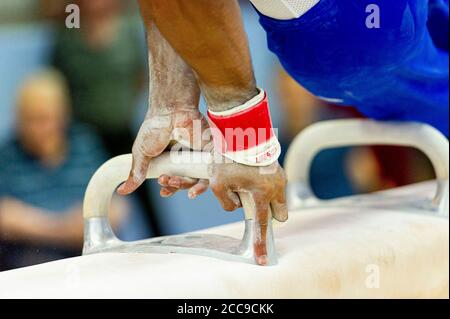 Turnerin der französischen Nationalmannschaft auf einem Pauschenpferd, einem der künstlerischen Gymnastikgeräte der Männer. Kreide, um die Hände trocken zu halten Stockfoto