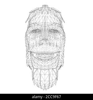 Wireframe Low Poly Head eines Neandertalers. Wireframe Kopf eines prähistorischen Menschen. Vorderansicht. 3D. Vektorgrafik. Stock Vektor