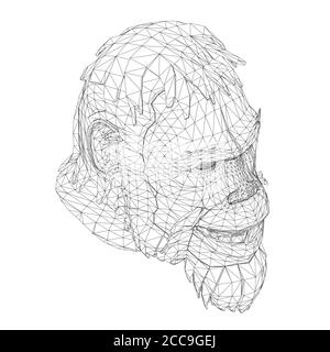 Wireframe Low Poly Head eines Neandertalers. Wireframe Kopf eines prähistorischen Menschen. Isometrische Ansicht. 3D. Vektorgrafik. Stock Vektor