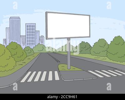 Straße Billboard Grafik Farbe Stadt Landschaft Skizze Illustration Vektor Stock Vektor