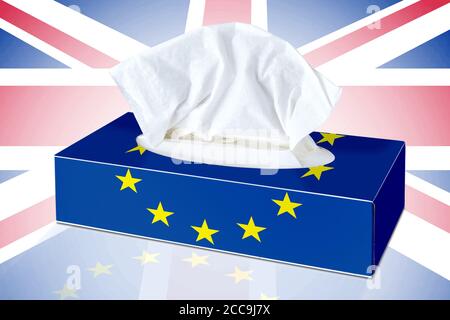 Blankogewebe aus Kosmetiktücher Box illustriert mit europäischer Flagge auf britischem Hintergrund, Brexit-Konzept Stockfoto