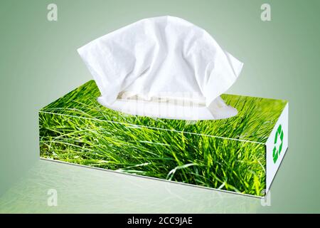 Blankogewebe aus Kosmetiktücher Box mit grünem Gras illustriert Einrichtung Stockfoto